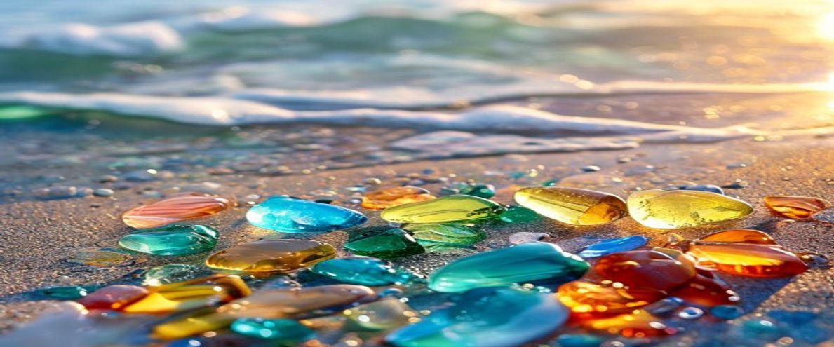Colorful sea glass pieces on a sandy beach at golden hour