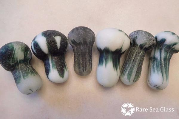 Green and white sea glass mushroom pieces from Davenport Beach