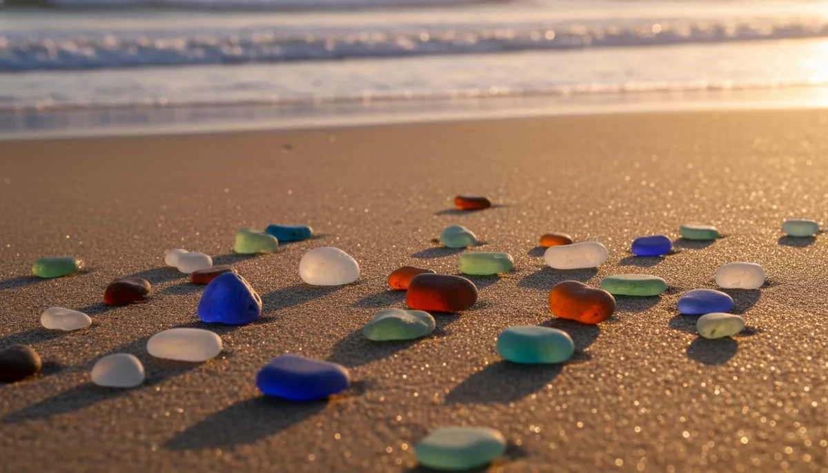 Colorful frosted sea glass pieces scattered on a sandy beach at golden hour