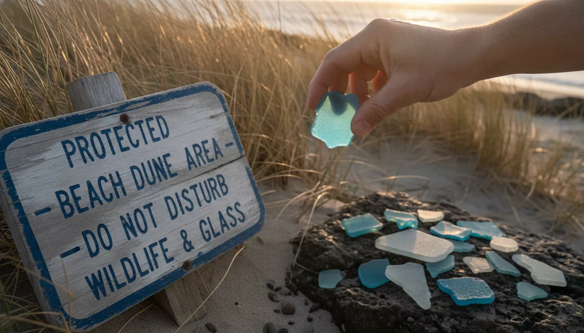 A hand holding a piece of frosted blue sea glass next to a protected beach dune area sign reading do not disturb wildlife and glass, with sea glass pieces resting on driftwood below