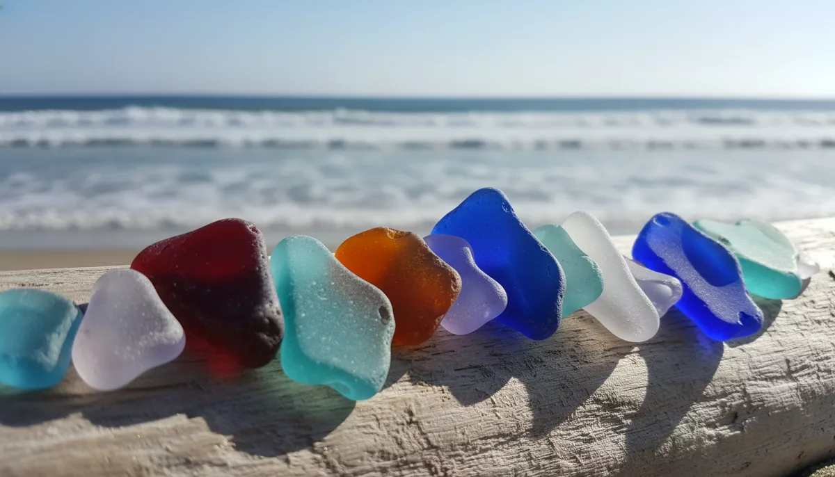 A collection of rare sea glass in red, cobalt blue, turquoise, lavender, and white