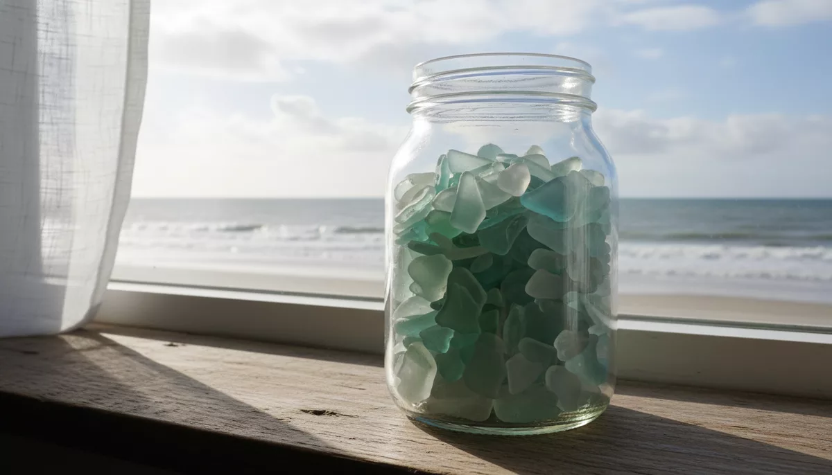 Sea glass collection displayed in clear glass jars on a sunlit windowsill