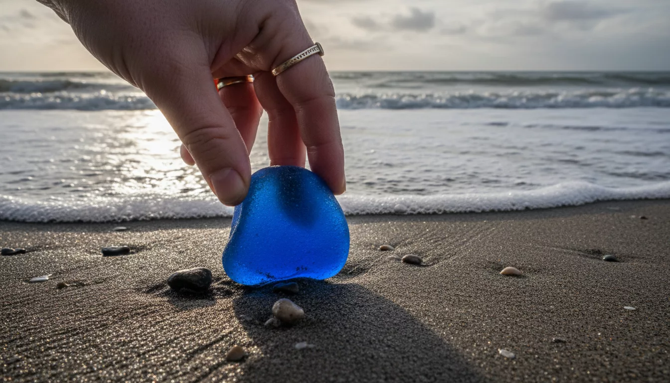 Close-up of a collector picking up frosted cobalt blue sea glass from wet dark sand after a storm