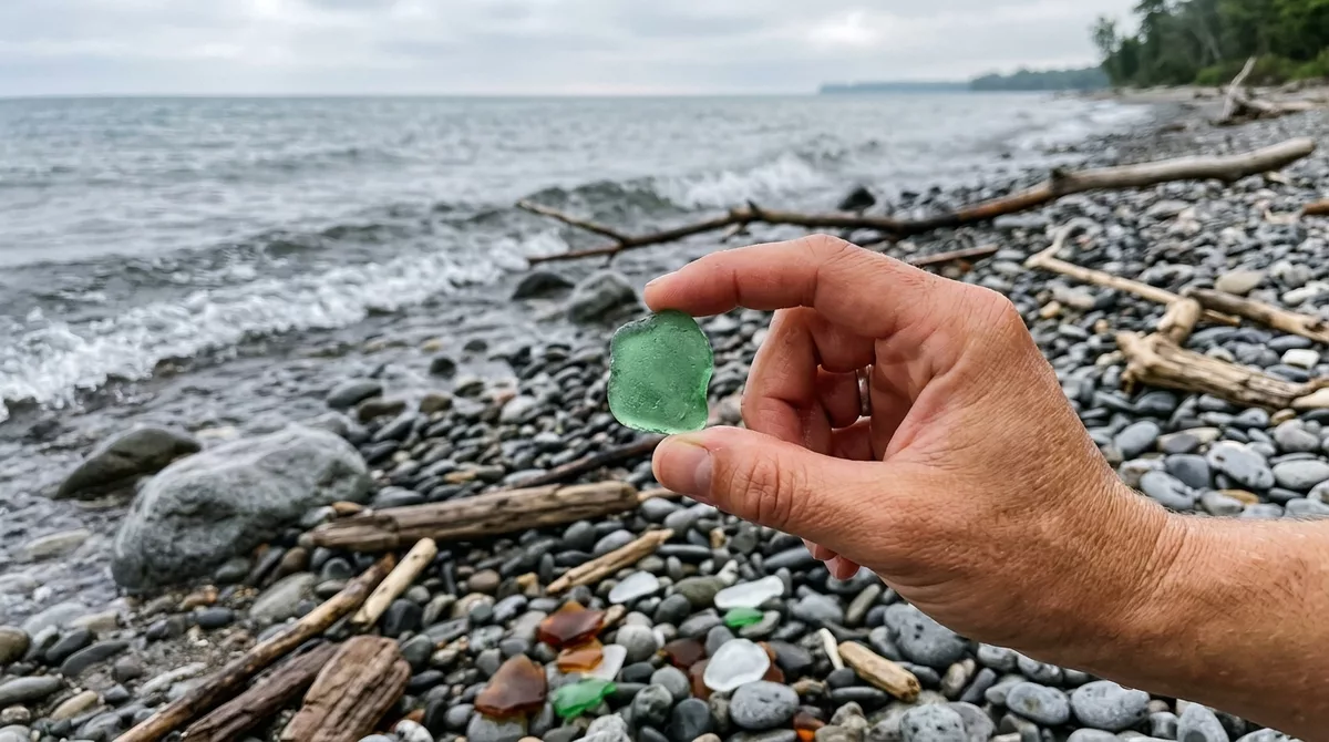 A hand holding a small rounded piece of pale green freshwater beach glass over a pebbly lake shoreline with driftwood, small waves and a few more glass pieces among the stones