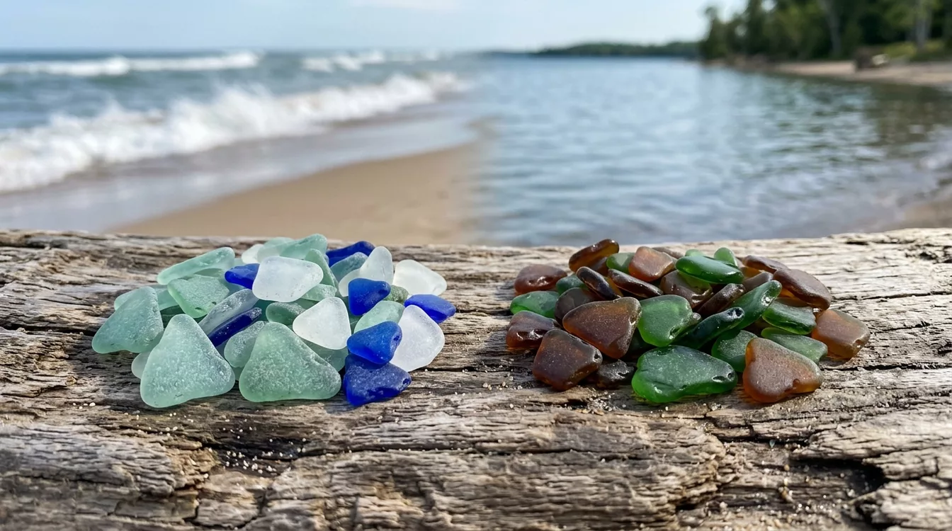 Two small piles of glass on weathered driftwood, heavily frosted seafoam and cobalt sea glass on the left and smoother glossier brown and green lake glass on the right, with an ocean surf line and a calm lake shore behind them