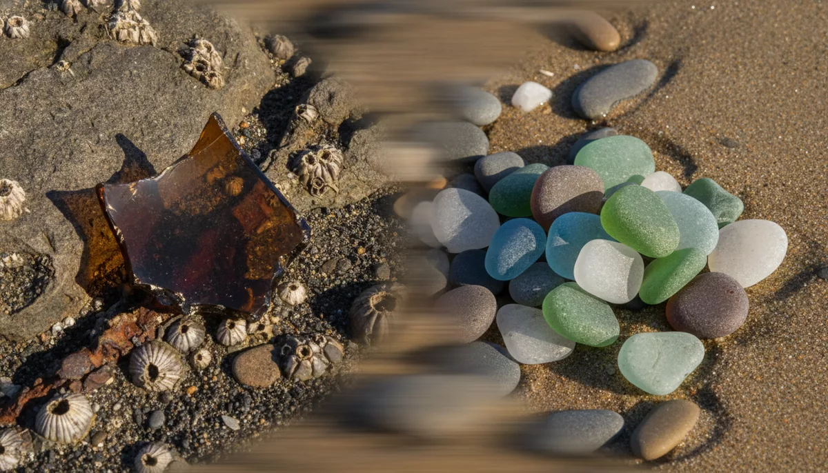 Split photograph showing sharp broken glass on rocks transforming into smooth frosted sea glass pebbles, illustrating decades of ocean tumbling