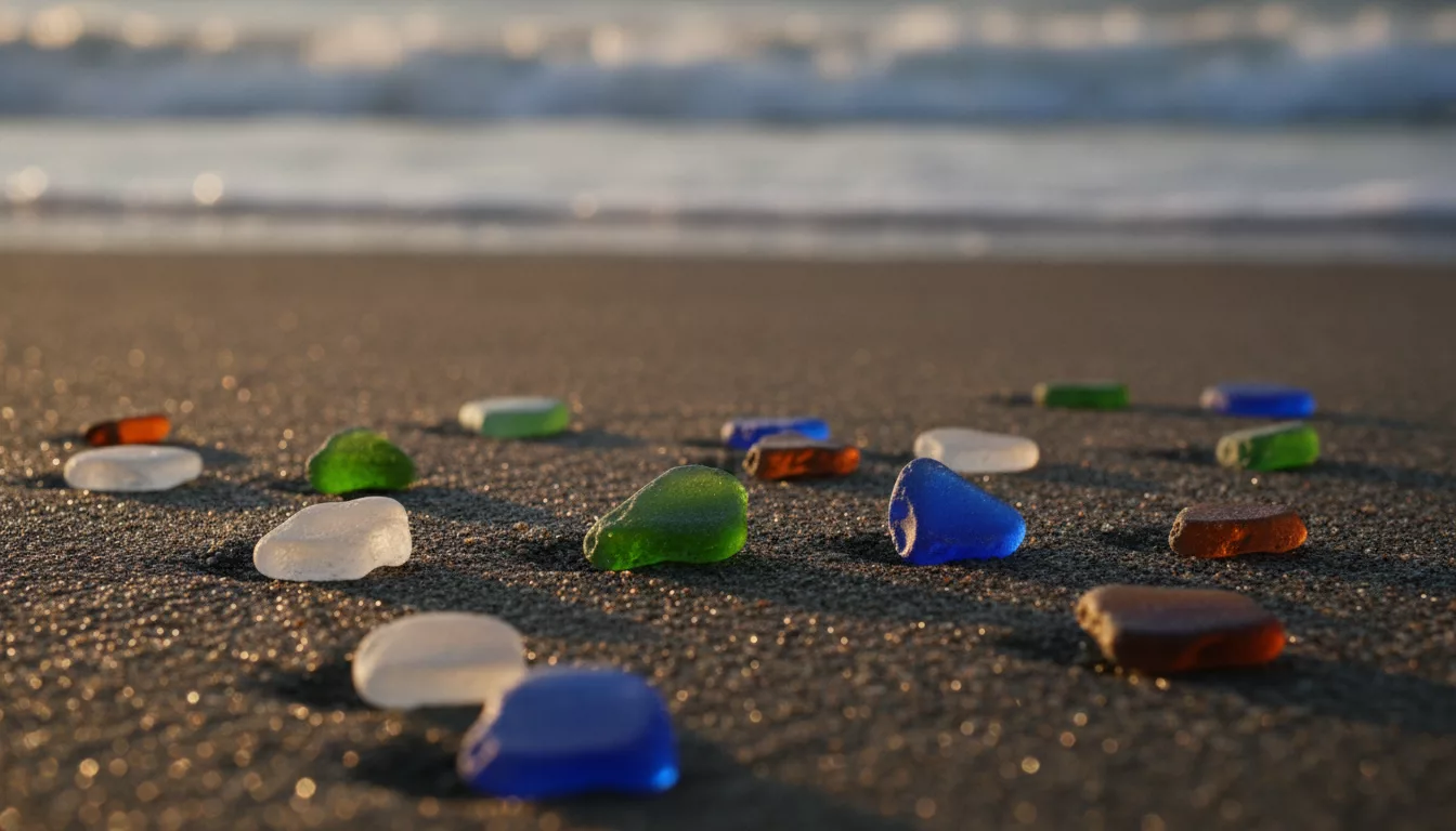 Frosted sea glass pieces in white, green, brown, and blue scattered on wet dark sand at the tideline in warm golden hour light