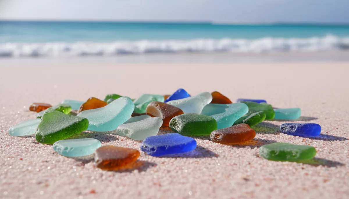 Colorful sea glass pieces including turquoise, green, amber and blue found on Bermuda's pink sand beaches