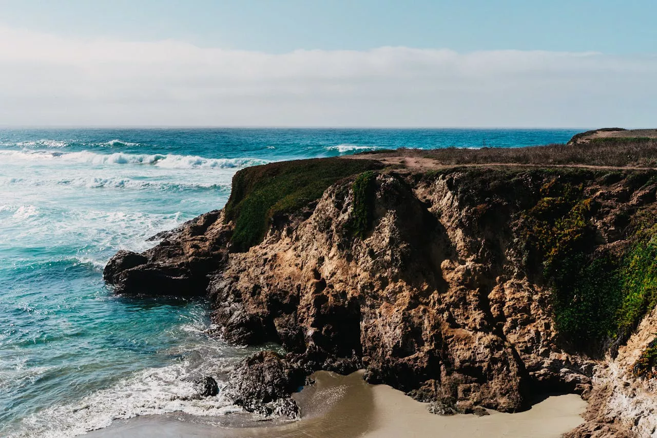 The stunning rocky coastline at Fort Bragg, California near Glass Beach