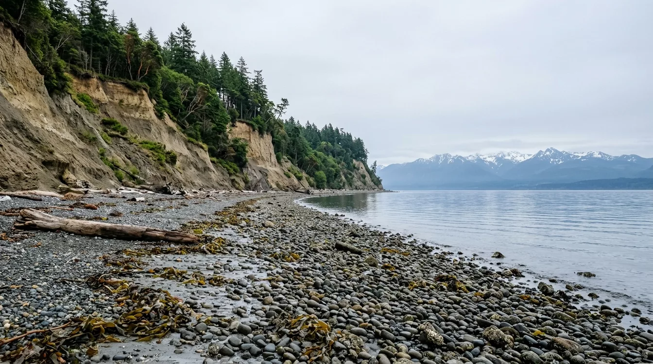 A narrow cobble beach at low tide below a tall eroding bluff with evergreen trees, the Strait of Juan de Fuca and snowy Olympic Mountains in the distance