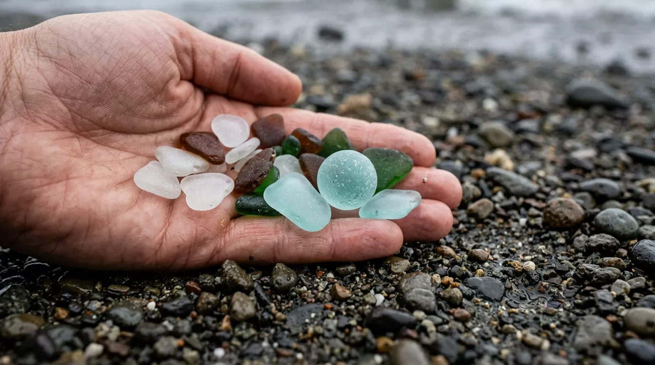 A hand holding small frosted sea glass pieces in white, brown, green and light aqua, with one frosted marble, over dark wet beach gravel