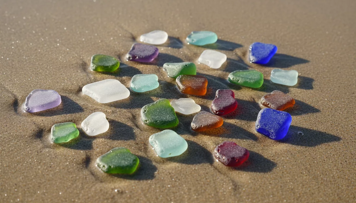 Sea glass pieces in a spectrum of colors arranged on wet sand